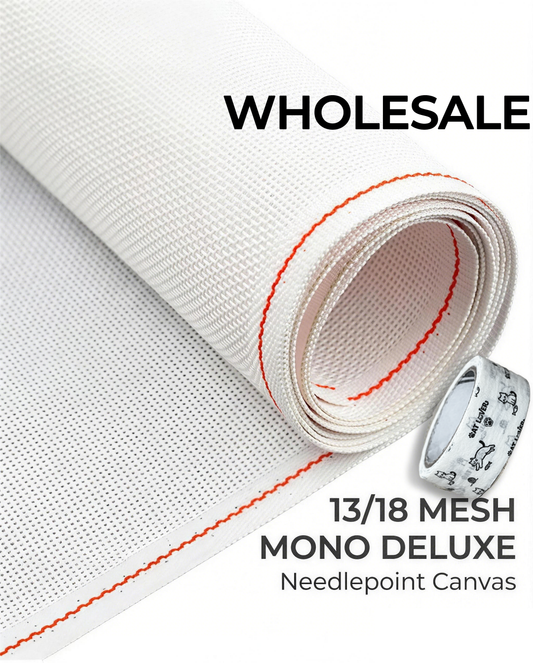 13 & 18 Mesh Mono Deluxe 20" x 60" Blank Needlepoint Canvas, Orange Line, Rolled in a Cardboard Box with Artist Tape